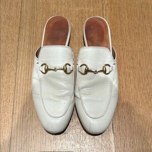 Gucci White and Gold Mules with Horsebit Detail